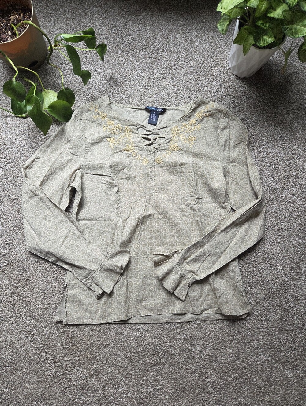 French Cuff Olive Lace-Up Long Sleeve Top with Embroidered Yoke